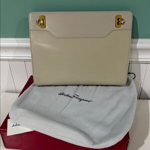 Vintage Salvatore Ferragamo Beige Crossbody Clutch with Gold Hardware and Chain